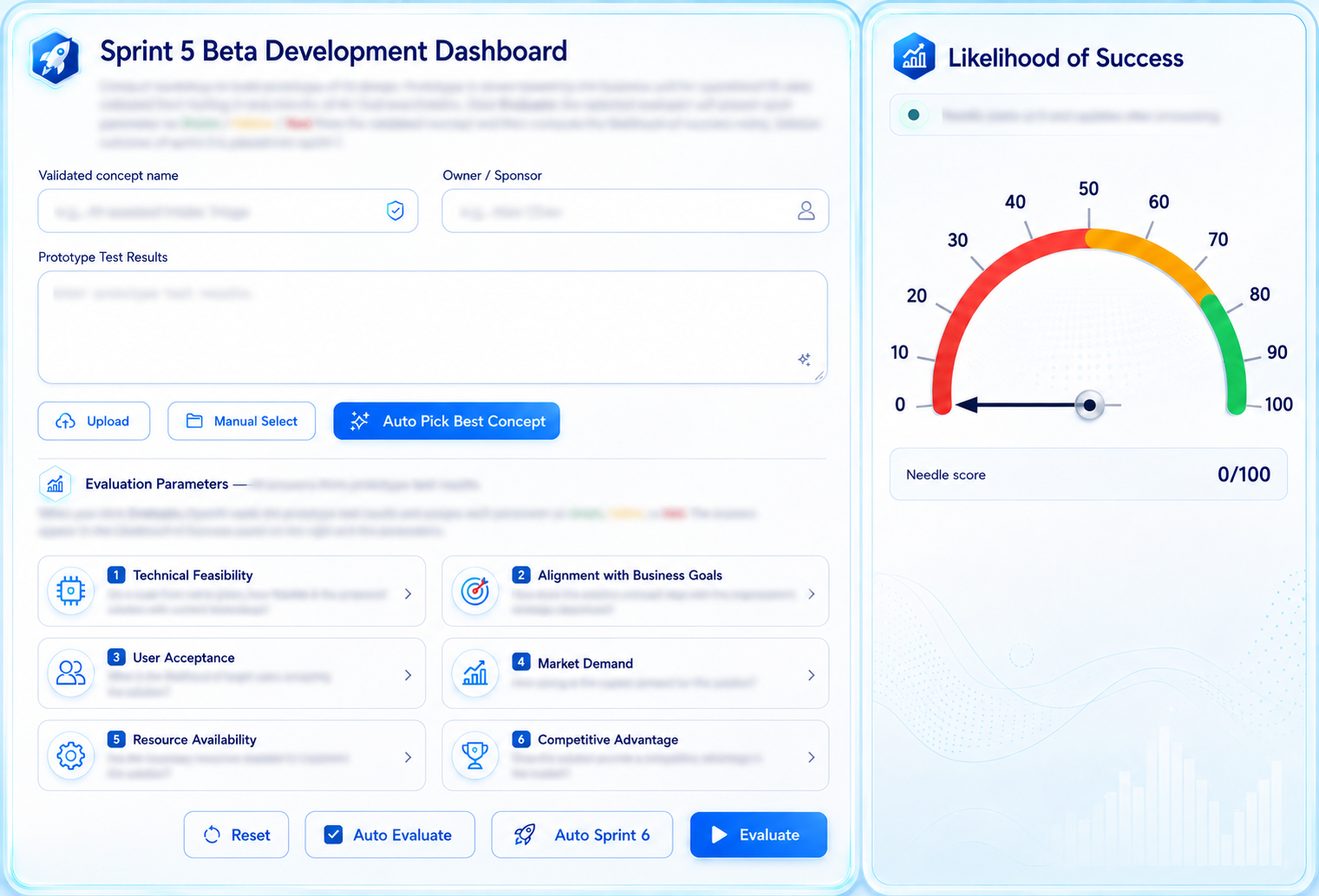 Futuristic Beta Development Dashboard showing prototype test results and success evaluation
